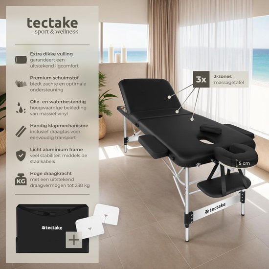 tectake® 3-Zones Massagetafel – 70cm Breed – Behandelbank met 5cm Dikke Vulling en Aluminium Frame – Inclusief 15 Hoofdsteundoekjes en Draagtas – Max Draagvermogen 230kg – Zwart