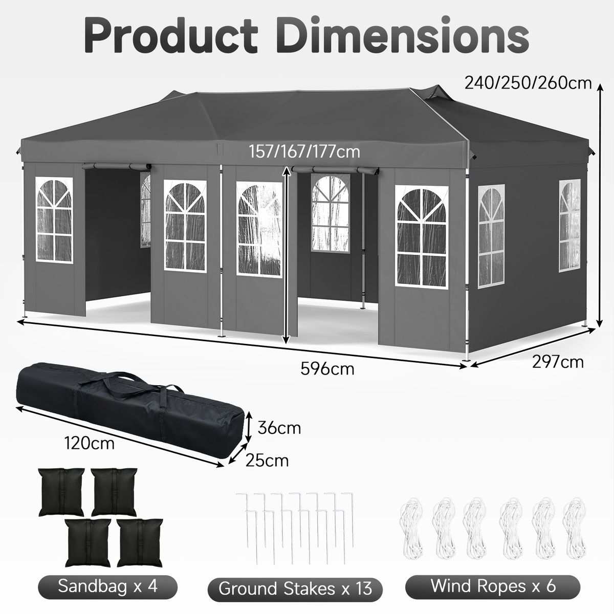 Coast Pop-up Partytent - Hoogteverstelbaar met 6 zijwanden en ramen - Grijs 3x6 meter