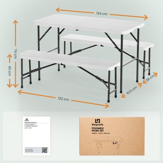 LifeGoods Inklapbare Picknickset - 124cm x 61,5cm - Tuintafel met 2 Banken - Weerbestendig - Campingtafel - Biertafel Opklapbaar - Voor Binnen en Buiten - Voor 4 tot 6 Personen - Wit