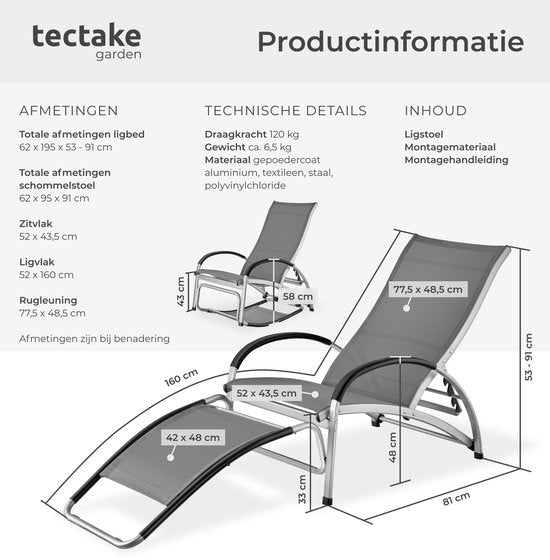 tectake® Ligbed Avignon - 2-in-1 verstelbare ligstoel - Schommelstoel voor buiten - Weerbestendig frame en waterafstotend, luchtdoorlatend weefsel - Tuinstoel - Balkonstoel - 195cm lang - Antraciet