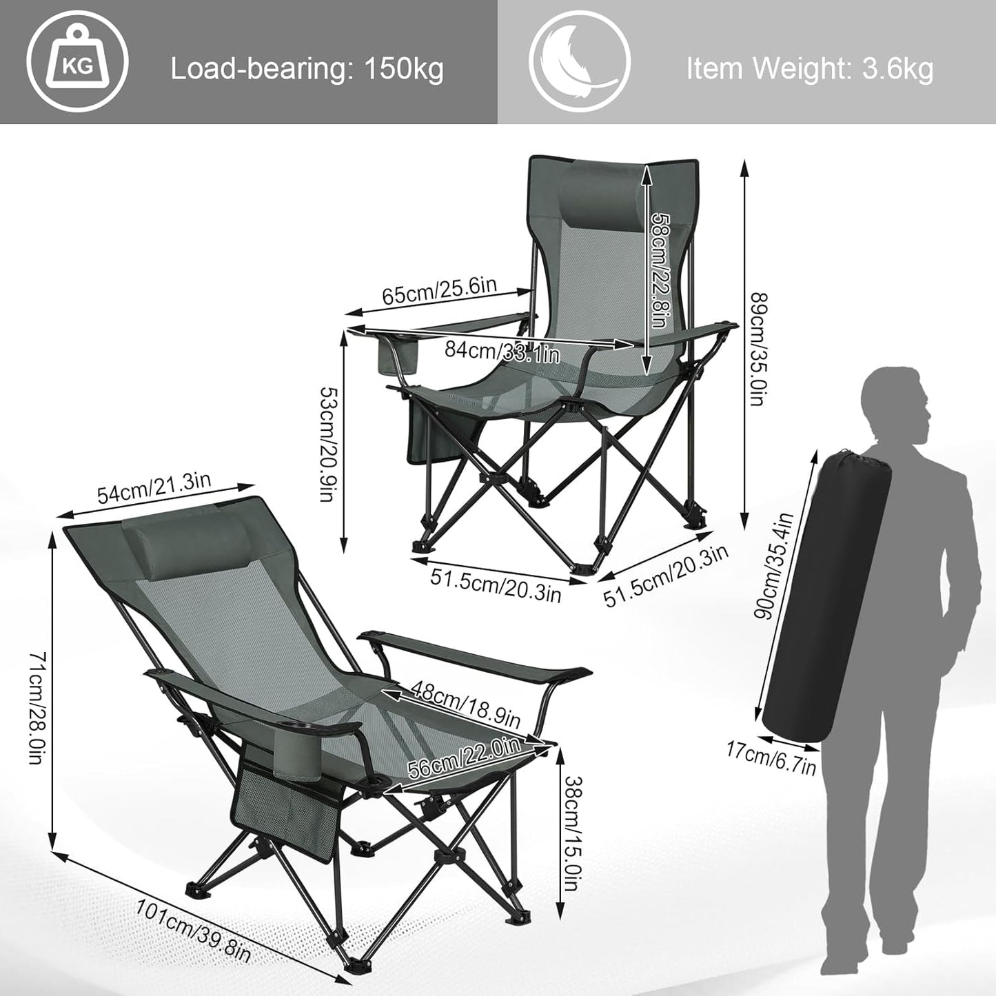 Woltu Campingstoel Verstelbare Rugleuning met Voetensteun - Grijs - 84 x 101 x 71 cm - Opvouwbaar - Bekerhouder & Draagtas