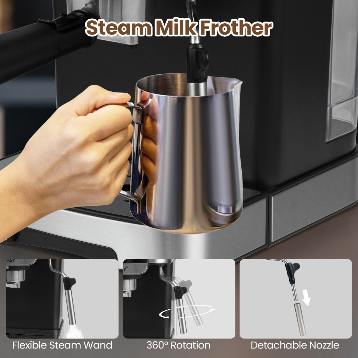Coast Espressomachine 20 Bar 1200W - Stoom-melkopschuimer - 1,8L Waterreservoir - Touchscreen - Zwart/Zilver - 26x21x28cm