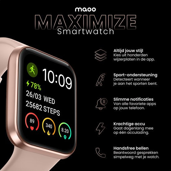 Maoo Maximize Smartwatch – Belfunctie - Hartslagmeter - Stappenteller - Multisport – Android & iOS – Roze