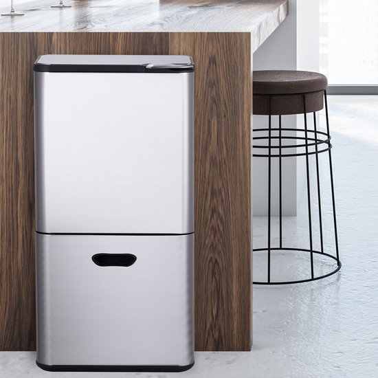 Bayt Prullenbak 60 Liter - Vuilnisbak 60 Liter - Prullenbak Afvalscheiding - 2 Compartimenten - RVS - Zilver