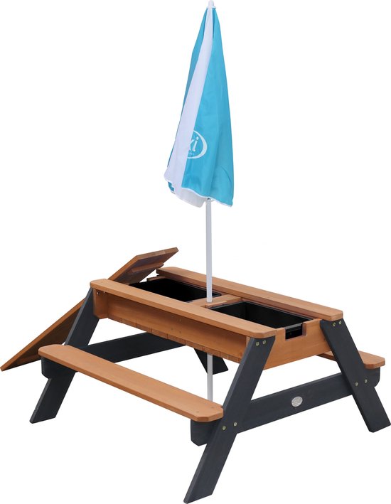 AXI Nick Zand & Water Picknicktafel in Antraciet/Bruin - Met Parasol in Blauw/Wit - Multifunctionele Picknick tafel van FSC hout - Picknick tafel voor kinderen van hout