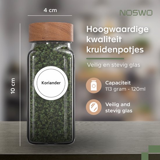 Noswo Kruidenrek Lade met 28 Potjes - Complete Set - Vierkant - Strooideksel en Labels - Kruiden Organizer - Keukenlade Organiser - Acacia