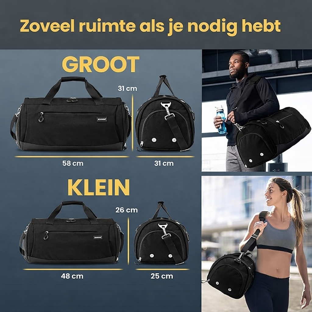 Heldenwerk Sporttas met schoenenvak en nat vak, trainingstas voor dames en heren, ideaal als reistas, fitnesstas, trainingstas of sporttas, zwart, Sporttas met schouderriem