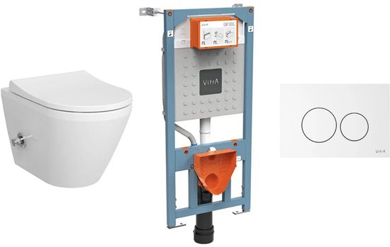 VitrA - Compleet Bidet WC-Set voorwandinstallatie - VitrA Integra Round randloos bidet toilet en zitting + VitrA V-Fix Prime Inbouwreservoir + VitrA Origin bedieningsplaat wit
