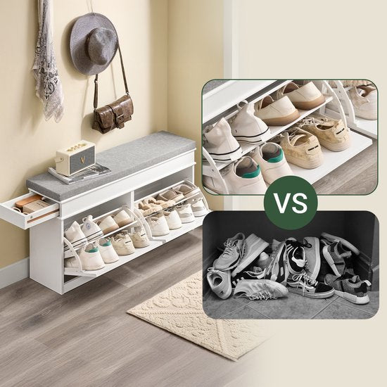 SoBuy FSR64-WG Schoenenkast, schoenenbank, schoenen, entree, 2 kleppen met afneembaar kussen, opbergdoos, rek voor smalle entree, 104 x 24 x 51 cm, antiek houteffect, wit