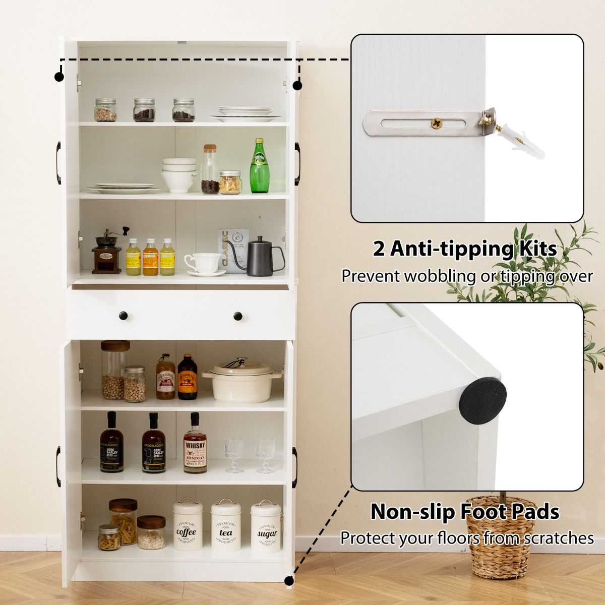 Coast Keukenkast 77x39x183 cm Wit – Moderne Boerderijstijl Kast met 4 Schuurdeuren, 3 Verstelbare Planken, Lade en Anti-Kantelsets