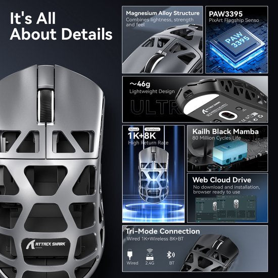 ATTACK SHARK R3 - Draadloze Gaming Muis - PAW3395 - Ultralichte(46g)- Wired/2.4G/BT5.1 - 26000DPI - Magnesium Alloy