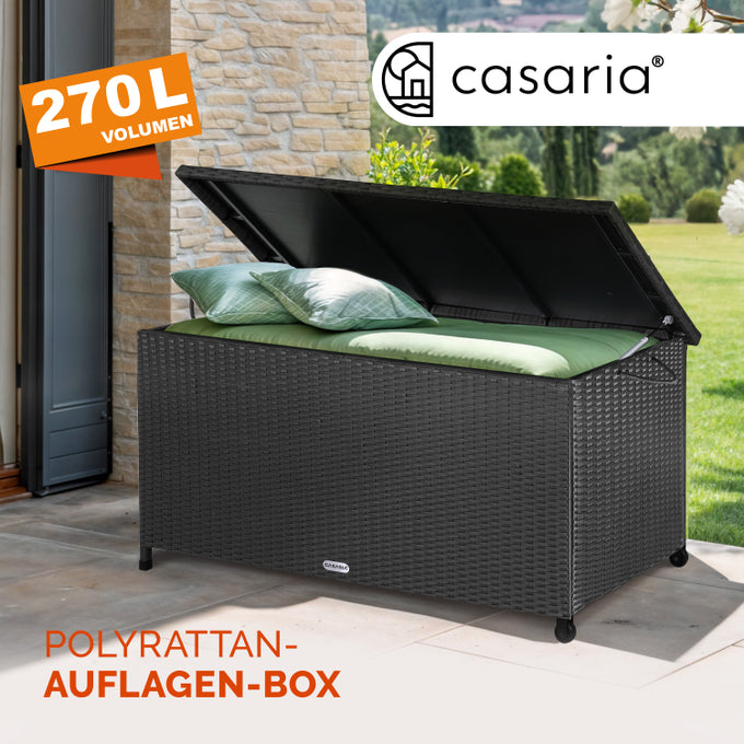 Casaria Polyrotan Kussenbox – Voorzien Van Twee Gasdrukveren En Waterdichte Binnenvoering En Twee Wielen – Voor Zitkussens En Tuinaccessoires – Zwart Gepoedercoat Staal – Honderdzeventien Lang En Drieënvijftig Breed En Zestig Hoog cm