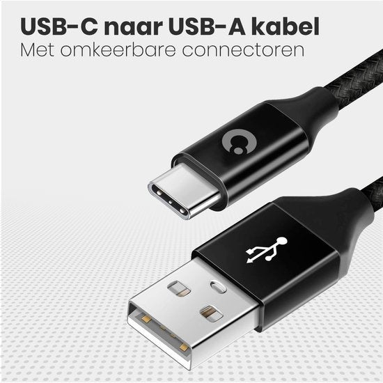 Auronic USB-C kabel - 5M - 2.4A - USB C naar USB-A - Gevlochten Nylon - Zwart