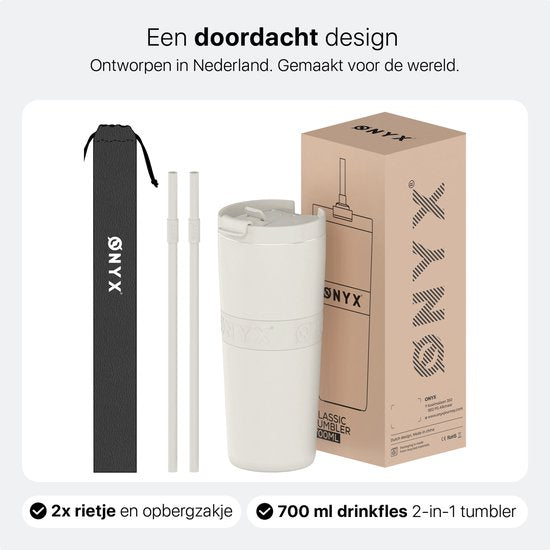 ONYX Drinkfles met Rietje 700ML - Waterfles voor Kinderen & Volwassenen - Thermosbeker RVS Travel Mug - Motiverende Drinkbus - Drinkbeker voor School - Coco White