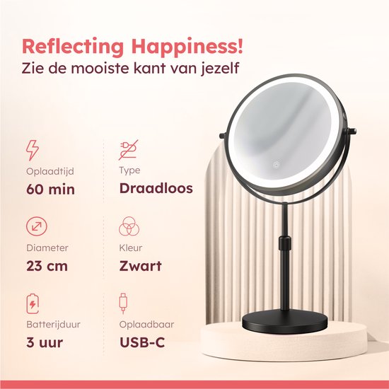 Fraay® Make Up Spiegel met LED Verlichting - 10x Vergroting - Vergrootspiegel met Licht - Oplaadbaar - Scheerspiegel - Badkamerspiegel - Zwart