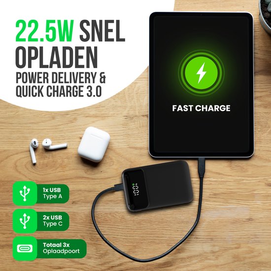Strex Powerbank - 12.000 mAh - 22.5W Snellader - USB-A/USB-C - LED Indicatie - Universele Powerbank geschikt voor o.a. iOS/Android