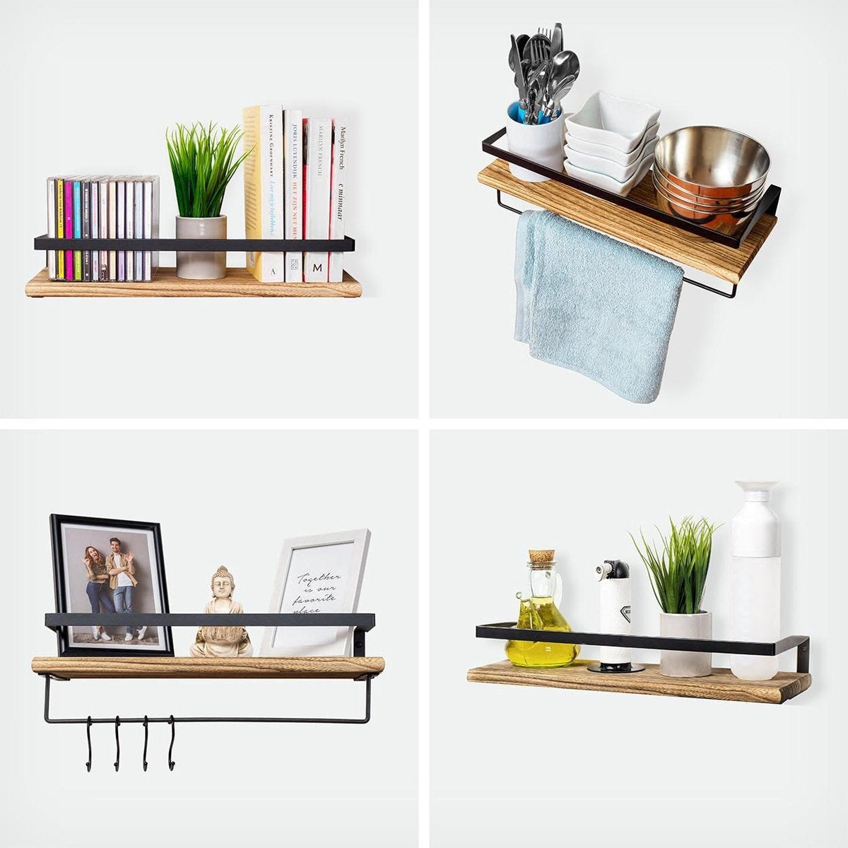 LifeGoods Zwevende Wandplank - 2 Stuks - 41cm - Handdoekhouder en 8 Haakjes - Industrieel - Hout - Bruin/Zwart