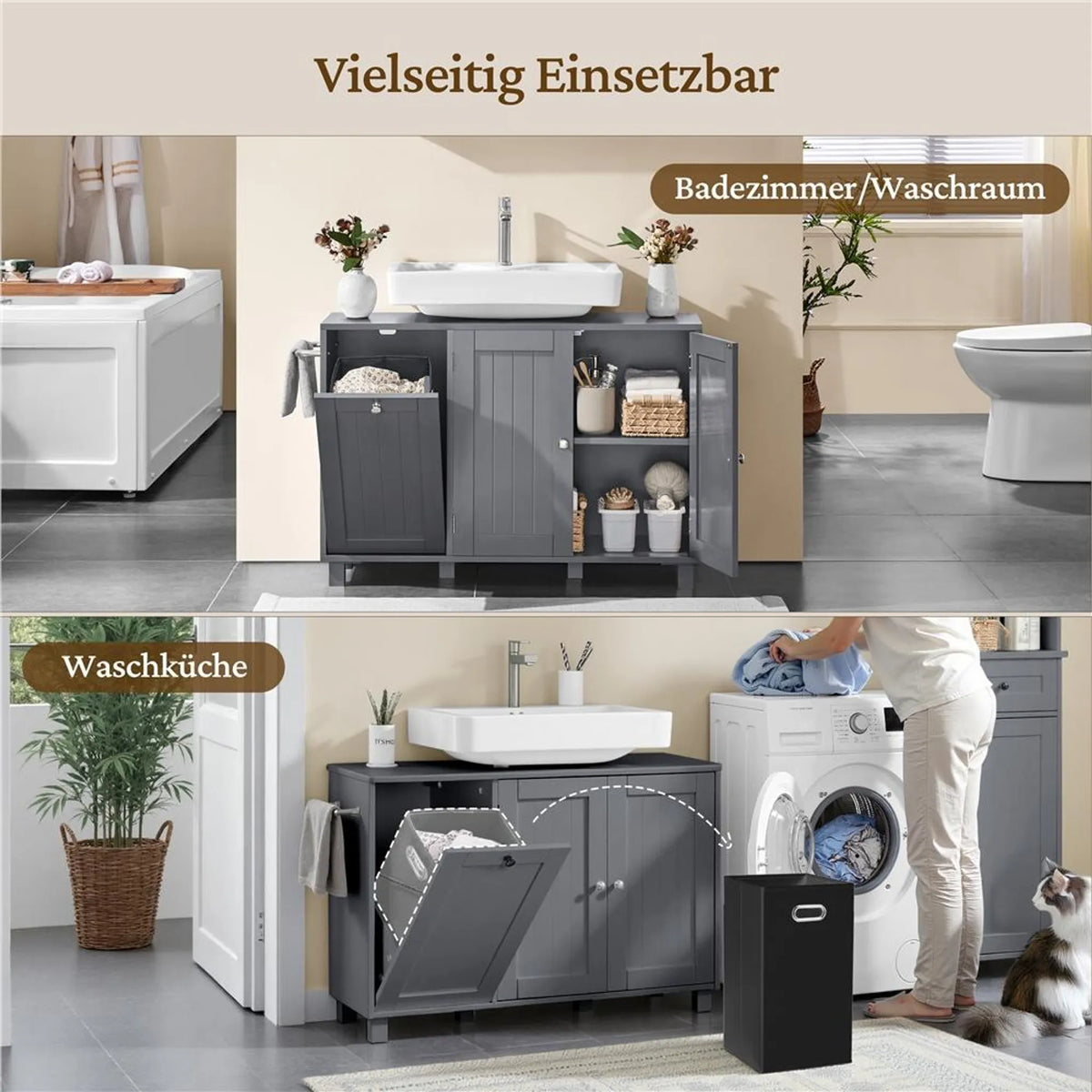 Yaheetech Wastafelonderkast met U-uitsparing en Wasmand 90x30x62,5 cm – Donkergrijs – MDF en Metaal
