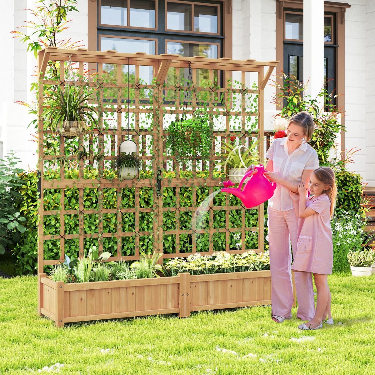 Coast Grote houten plantenbak met latwerk - 2 bloembakken - hangend dak - naturel