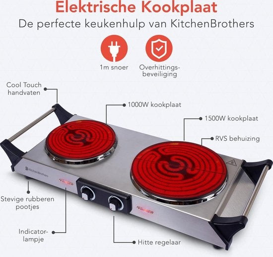 KitchenBrothers Elektrische Kookplaat - 2 Pits - 2500W - RVS