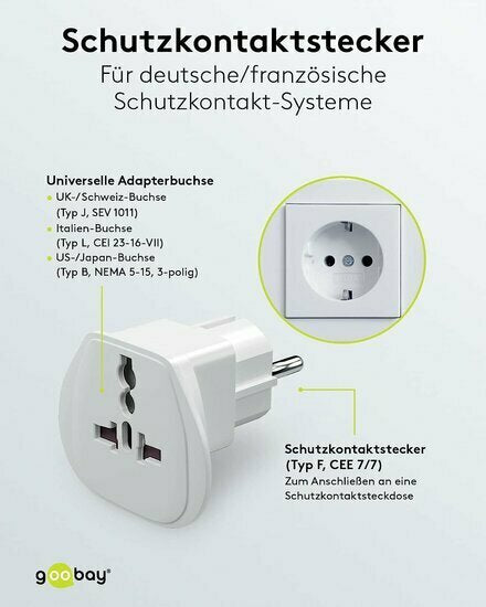 goobay  World to EU Reisadapter Wit - Type F naar UK/CH/IT/US/JP - 16A - 65 x 51 x 51 mm