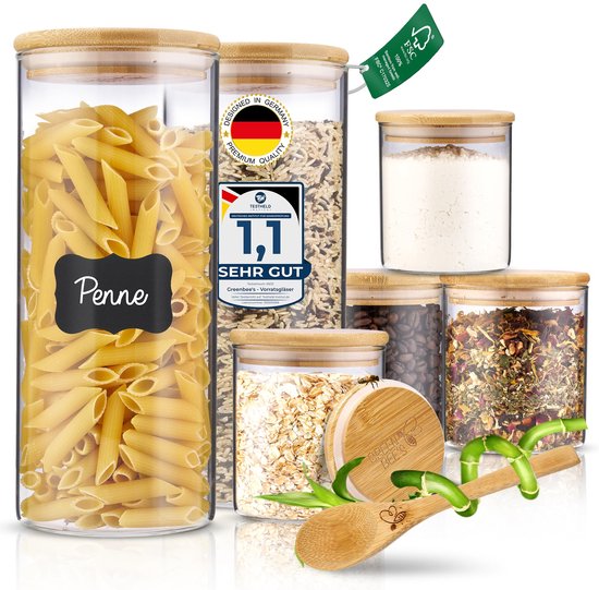 GREEN BEE'S set van 6 grote voorraadpotten - 2x1500ml & 4x650ml - Past perfect in lades en medicijnkastjes - Duurzame voorraadpotten met luchtdichte deksels - Voor bloem, rijst, pasta, muesli en bonen