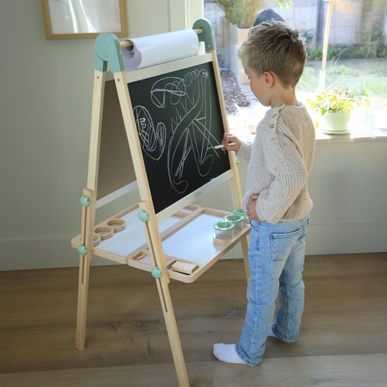 Sunny Luna Activiteiten Ezel – Verstelbare Houten Kinder Ezeltje – Speelezel met Whiteboard & Krijtbord – Magnetisch Bord – Inclusief Papierrol, Bekers & Accessoires – Educatief Speelgoed