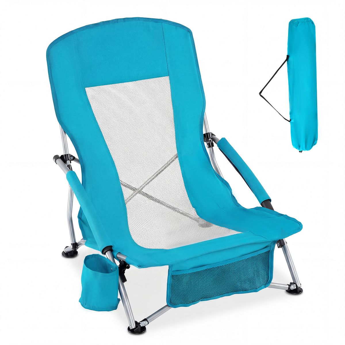 Coast Opvouwbare Strandstoel - ademend netstof - met armleuningen en bekerhouder - blauw