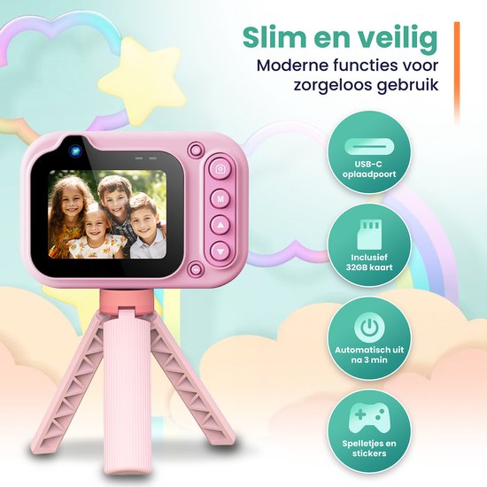 ODESSEY Waterdichte Kindercamera - met Tripod - Full HD - Selfie Camera - 32GB SD Kaart - Foto - Video - Spelletjes - Digitale Camera Kinderen - Fototoestel voor kinderen - Roze