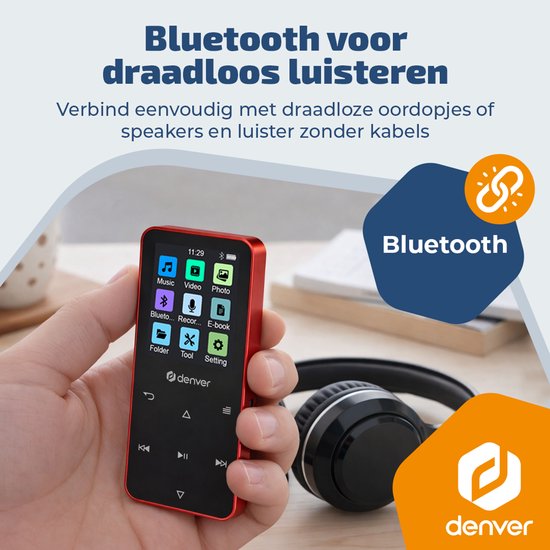 Denver MP3/MP4 Speler - Bluetooth - Shuffle/Herhalen - SD kaart tot 128GB - Incl. oordopjes - Dictafoon - MP1830R - Rood