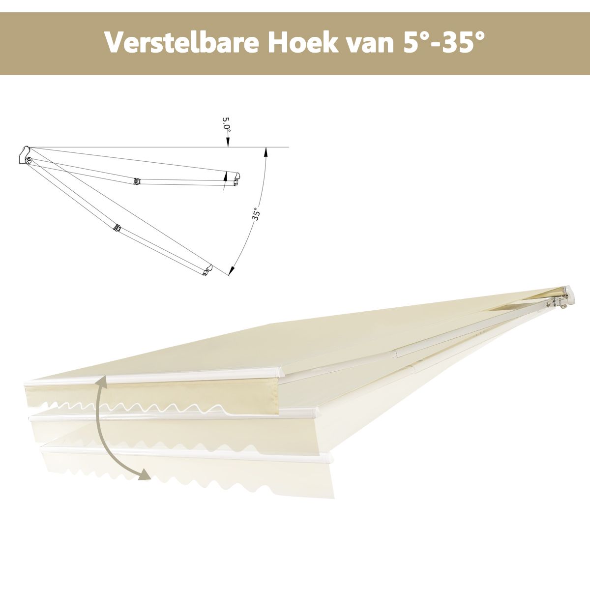 Coast Zonnescherm Terras Uitschuifbaar met Zwengel – 3 x 2,5 m – Beige