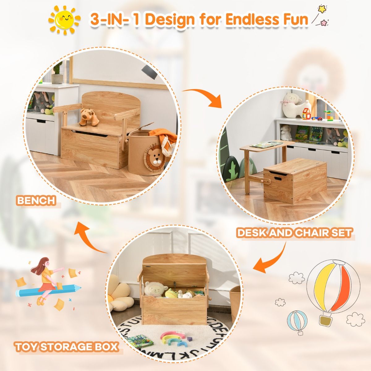 3 in 1 Kinderen Activiteitentafel met Bankje & Opbergbox – 60 x 56,5 x 43,5 cm – Natuurlijk