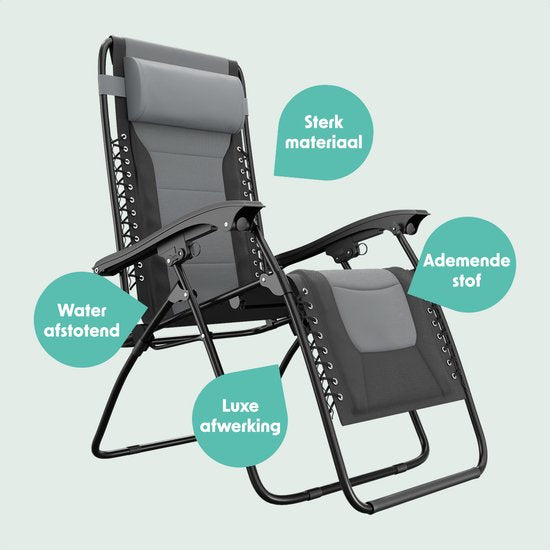 LifeGoods Ligstoelen Comfort - Opvouwbaar - 30°-90° Verstelbaar - Beker en Telefoonhouder - Tuinstoelen - Zwart/Grijs