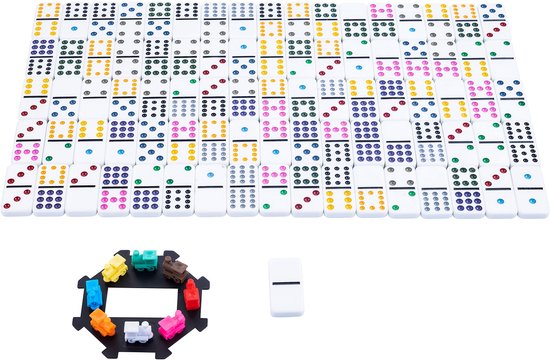 Domino Dubbel 12 Mexican Train – 91 Stenen met Gekleurde Ogen – Houten Kist met Schuifdeksel – Inclusief Station & Treinen – Strategisch Familiespel – Engelhart