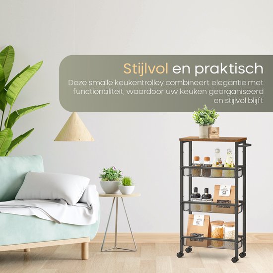 O'DADDY® Keukentrolley - Smalle Rolwagen - Keukeneiland - Serveerwagen - Keukentrolley Op Wieltjes - Keuken Trolley - Industrieel Design - Bruin Hout - Zwart Metaal