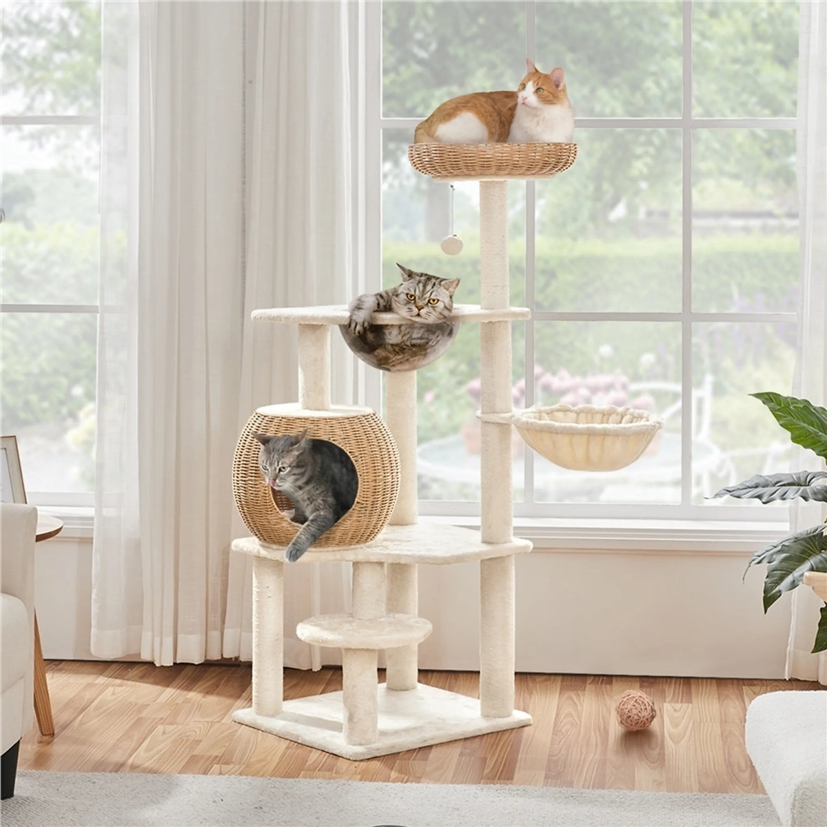 Yaheetech Krabpaal met Rattan Mand - 137,5 cm hoog - 54 x 48 cm - Beige