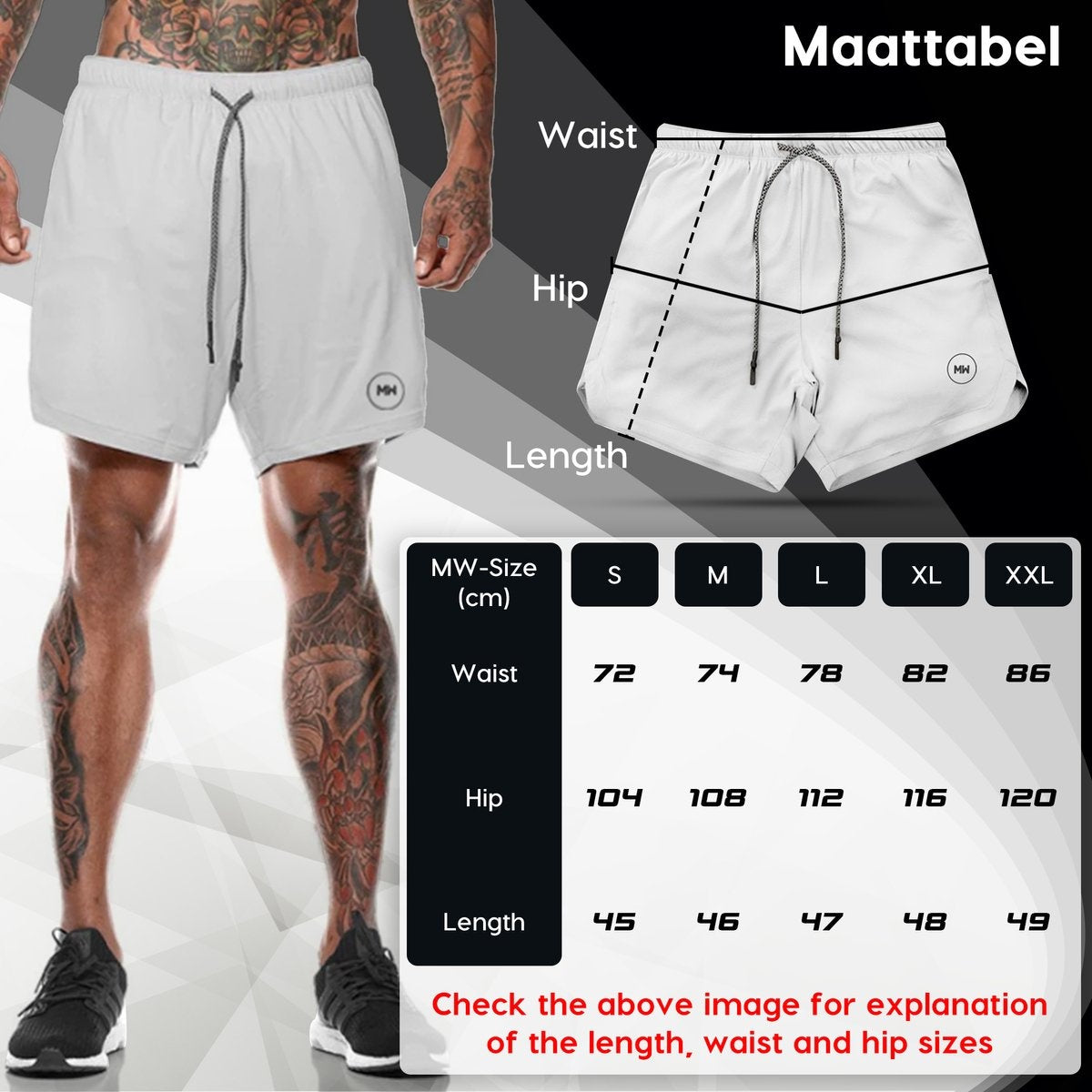 MW® - Sportbroek Heren - Fitnessbroek - Sportkleding - 2 in 1 Shorts - Hardloopbroek (Grijs - S)