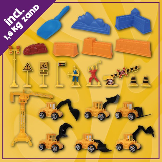 KidzKraze® Bouwwereld Speelzand – 1,6 kg bruin kleefzand voor binnen – Met Vormpjes en Speelgoed – Inclusief speel en opbergkoffer – Sensorisch – Speelgoed – zand bak starter set voor kinderen - Het grote speelgoedboek 2025