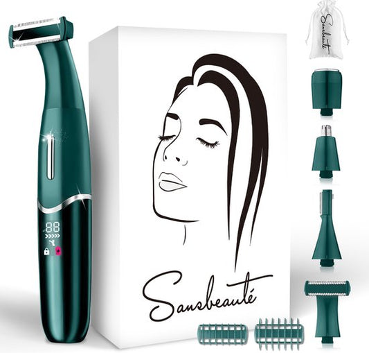 4-in-1 Bikinitrimmer + Travel Bag - Sansbeauté® - Gezicht - Oksels - Benen - Bikinilijn - Wenkbrauw Trimmer - Gezichtsontharing Dames - Intieme Zone - Ladyshaves Bikini - Ontharingsapparaat Electrisch
