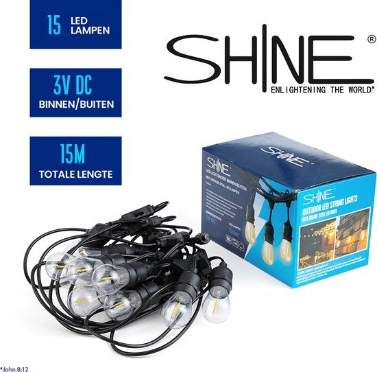SHINE - Lichtsnoer buiten - Lichtslinger op Zonne-energie - Solar Led Prikkabel - Feestverlichting - Lampjes slinger - Tuinverlichting - Vintage Classic Sfeerverlichting - 8,3 Meter - 12 Led E27 Lampen met Afstandsbediening