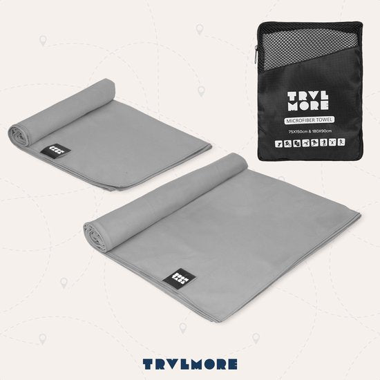 TRVLMORE Microvezel Reishanddoek Set - 2 Stuks - Large (75 x 150 cm) & Extra Large (90 x 180 cm) - Microvezel - Grijs