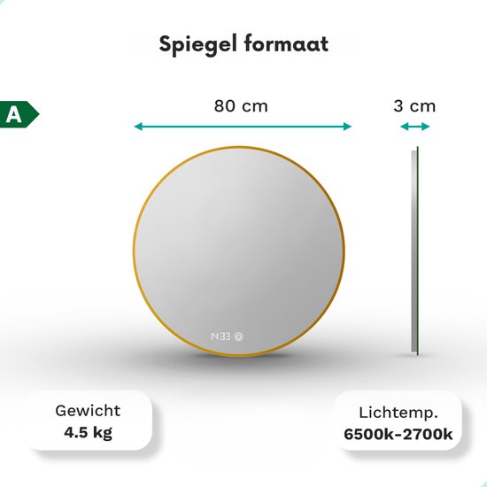 Mirlux Badkamerspiegel met LED Verlichting & Verwarming – Rond – Anti Condens Douchespiegel - Goud Frame - 80CM