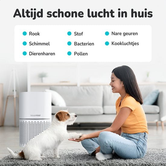 Bloomfold Luchtreiniger - HEPA 13 filter + koolstoffilter - CADR: 240m3/h. - Wifi modus & App - Luchtkwaliteit indicator - 3 standen + slaapstand