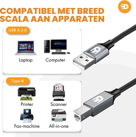 Drivv. Premium Printerkabel USB 2.0 naar USB B Kabel - Printerkabel 2 meter