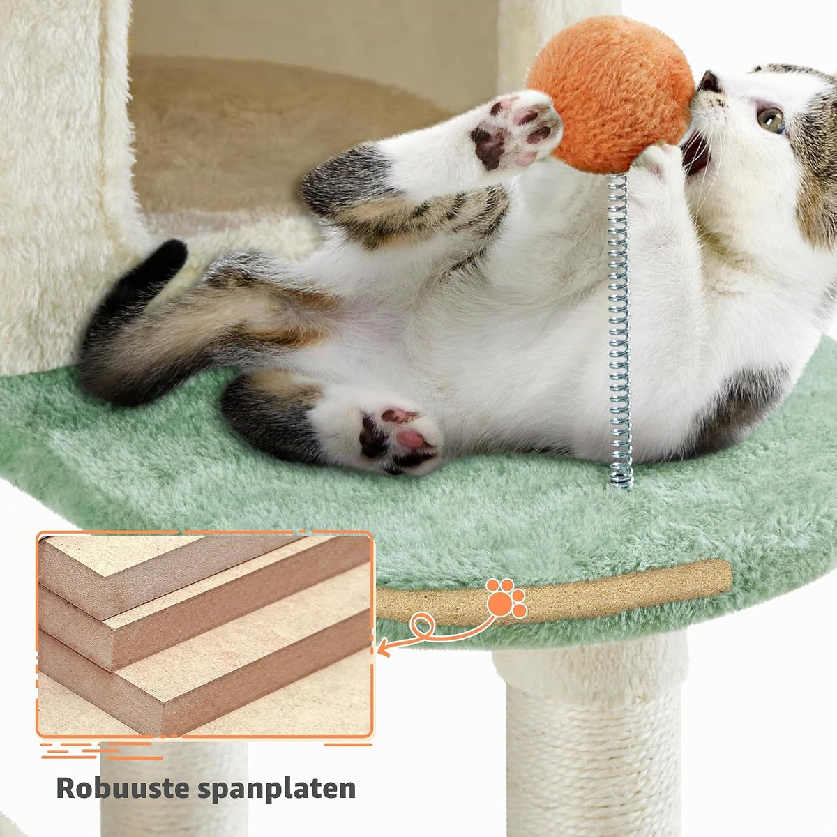 Yaheetech Krabpaal met pootdesign en kattenhuisjes - 59,5 x 55,5 x 164 cm - Beige/groen