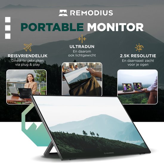Remodius® Portable Monitor 16 Inch + Sleeve – Ultradunne 2.5K Draagbare Monitor – Reisdisplaybundel met Beschermhoes – USB-C & Mini HDMI – IPS Scherm, HDR, Ingebouwde Kickstand