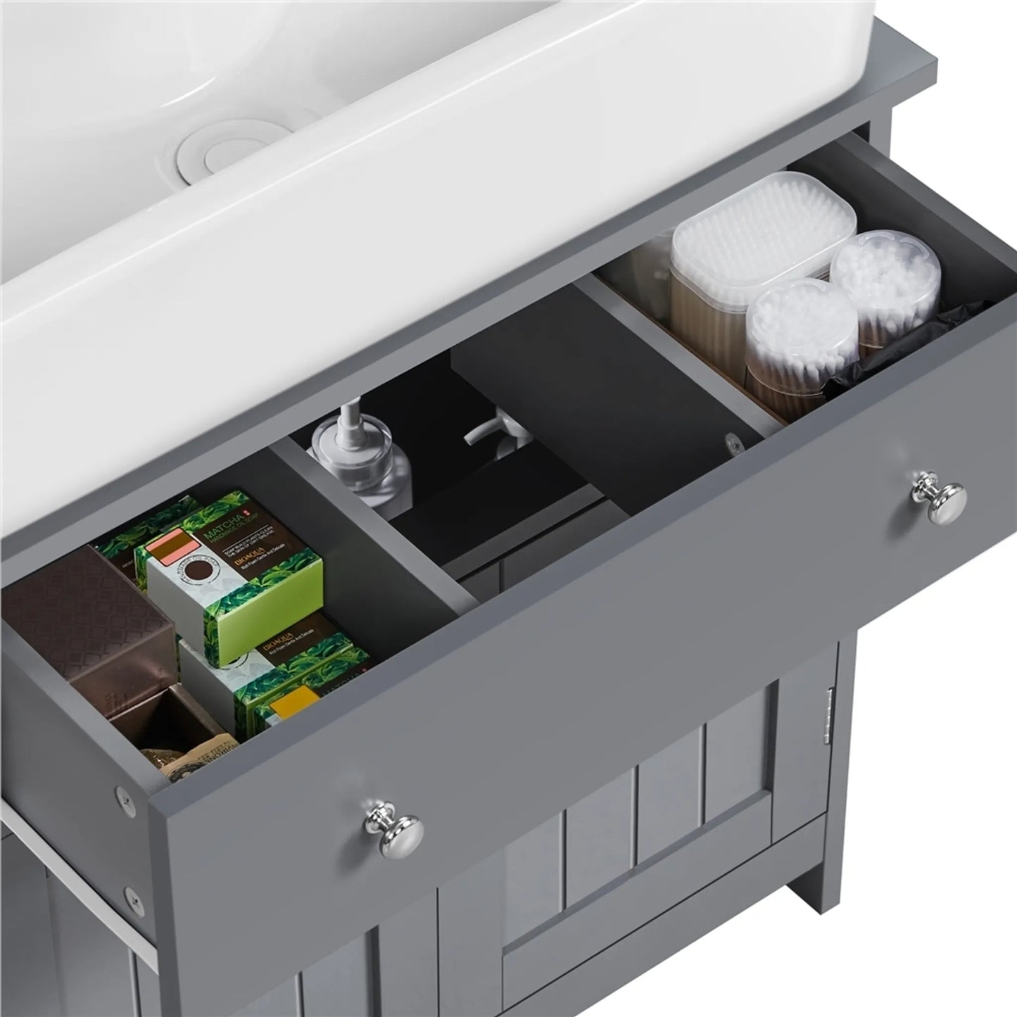 Yaheetech Wastafelonderkast Met Lade En Twee Vakken – Voorzien Van Sifonuitsparing En Waterafstotende Coating En Metalen Beslag – Voor Badkamer In Landelijke Stijl – Donkergrijs Mdf En Metaal – 60 x 30 x 60 cm
