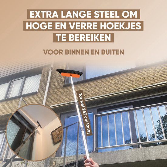 TTD® Stoffer en Blik met Lange Steel XXL - Verstelbaar 54-263 cm - Bezem - Bezemsteel - Grijs & Oranje - Veger en Blik - Vuilblik voor Binnen en Buiten - Ingebouwde Schoonmaaktanden
