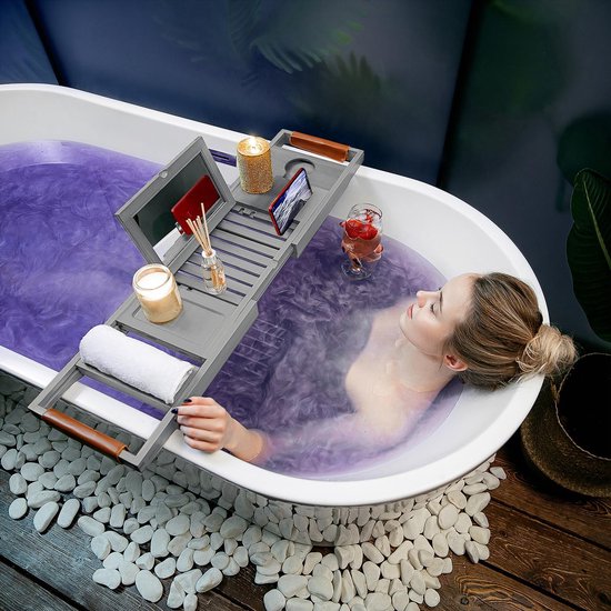 RelaxTub® Badplank - Badplank voor in Bad - Badrek - Verstelbaar - Anti Slip - Badplank Grijs - Badplank Hout - Badrekje inclusief Boekenhouder, Tablethouder & Spiegel