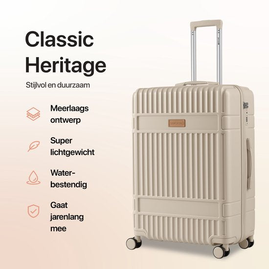 SKYCASES – Medium Reiskoffer – Classic Heritage – Lichtgewicht – TSA Slot – 66x45x26 cm – 63L – M Rolkoffer – Geruisloze Wielen – Beige